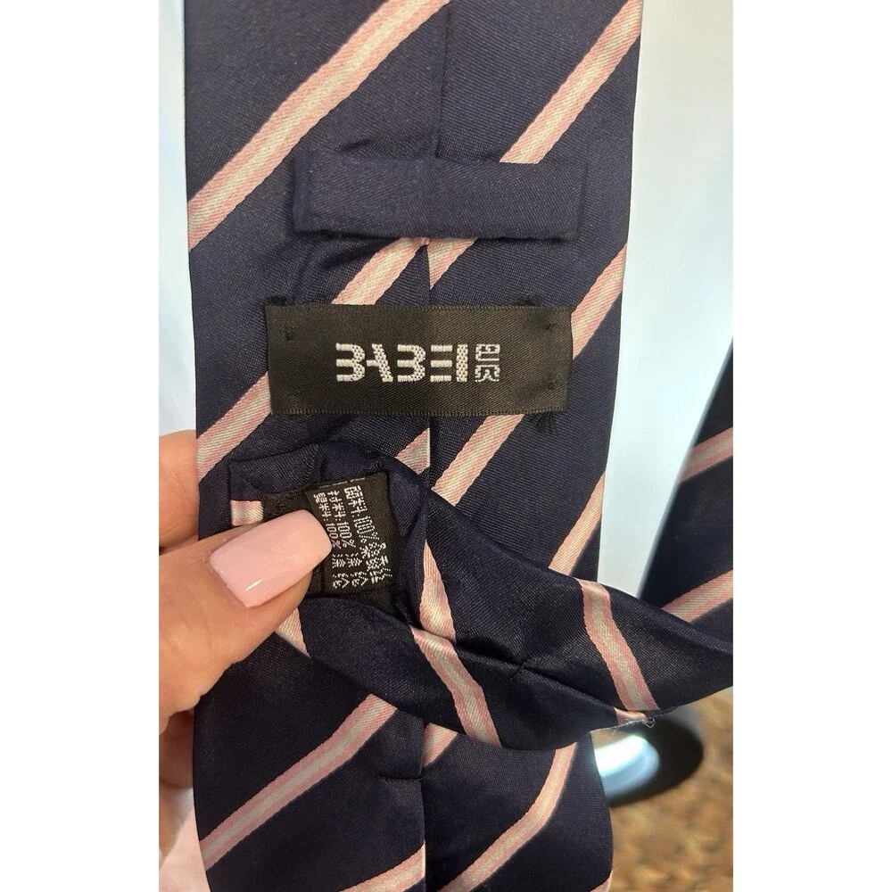 Babei Mens Tie Navy Pink Stripe 100% Silk Necktie Modern Business Formalwear